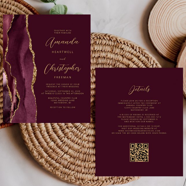 Budget Burgundy Gold Agate QR Code Wedding Invite (Creator Uploaded)