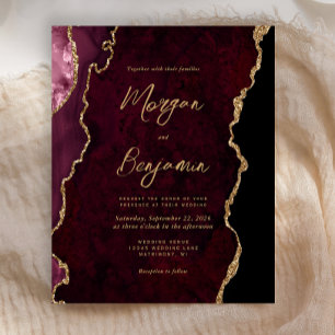 Budget Burgundy Gold Agate Script Wedding Invite