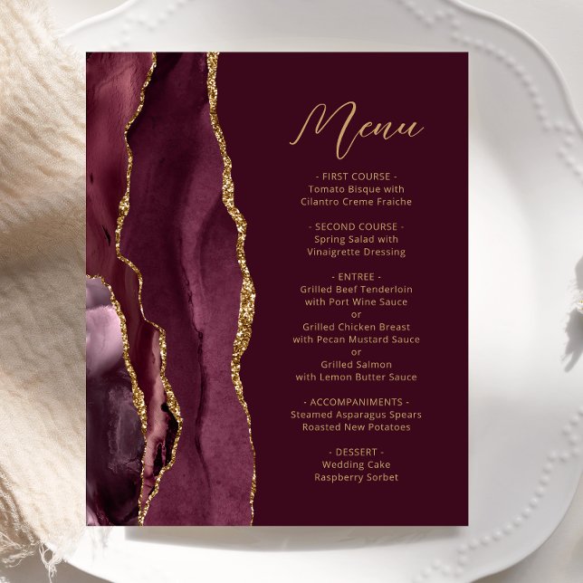 Budget Burgundy Gold Agate Script Wedding Menu (Creator Uploaded)