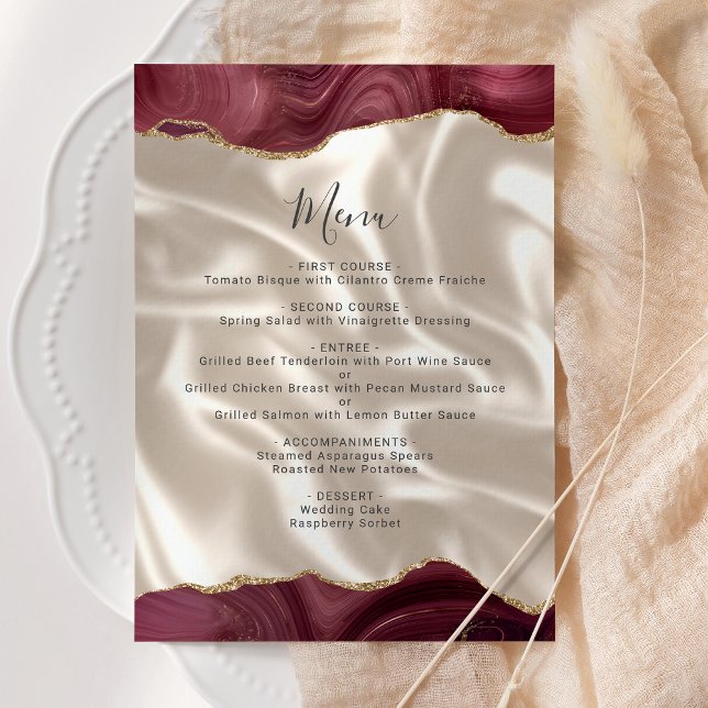 Budget Burgundy Gold Agate Silk Wedding Menu (Creator Uploaded)