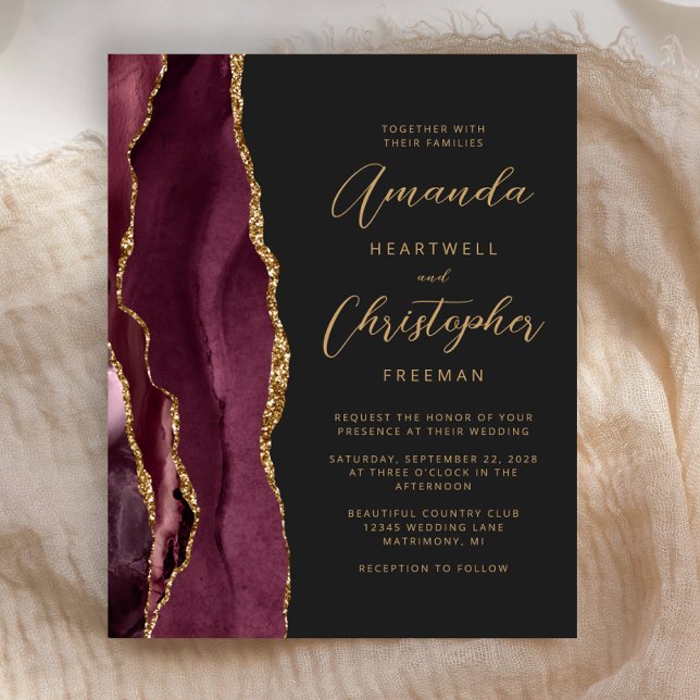 Budget Burgundy Gold Agate Slate Wedding Invite (Creator Uploaded)