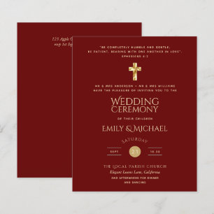 Budget Burgundy Gold Catholic Wedding Invite