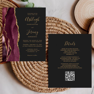 Budget Burgundy Gold Dark QR Code Wedding Invite
