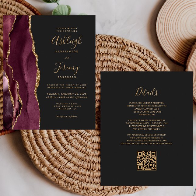 Budget Burgundy Gold Dark QR Code Wedding Invite (Creator Uploaded)