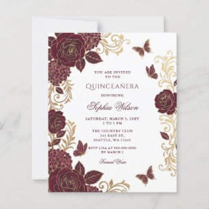 Budget Burgundy Gold Floral Butterfly Quinceañera