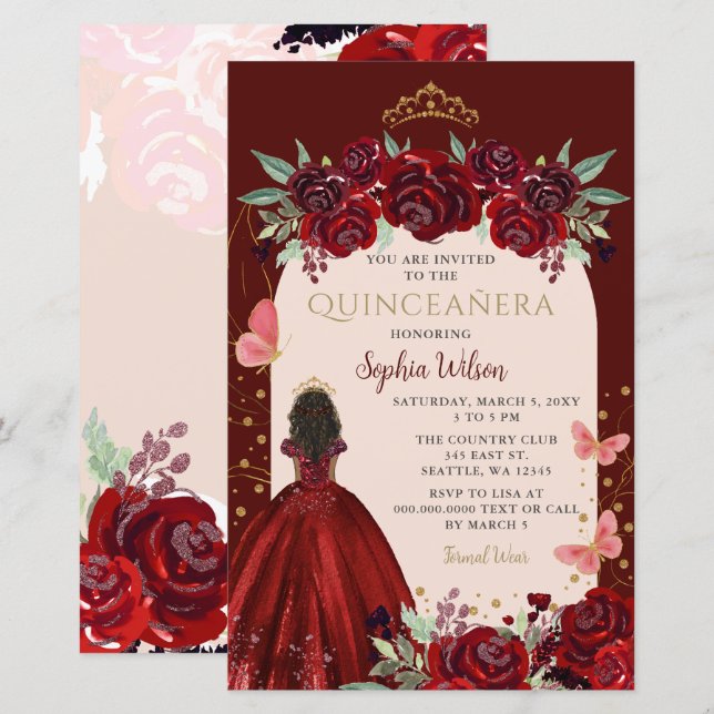 Budget Burgundy Gold Floral Princess Quinceañera  (Front/Back)