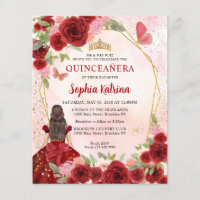 Budget Burgundy Gold Floral Princess Quinceañera
