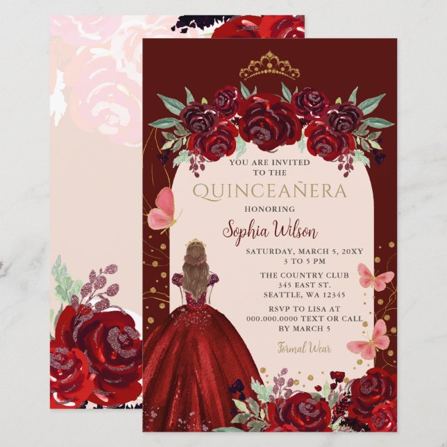 Budget Burgundy Gold Floral Princess Quinceañera  (Front/Back)
