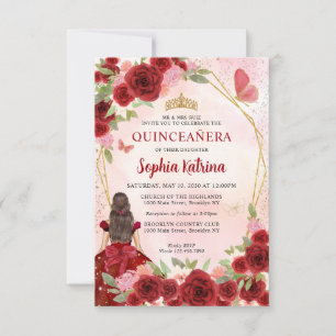 Budget Burgundy Gold Floral Princess Quinceañera Card