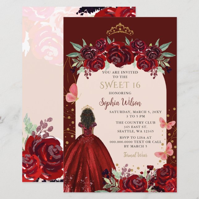 Budget Burgundy Gold Floral Princess Sweet 16 (Front/Back)