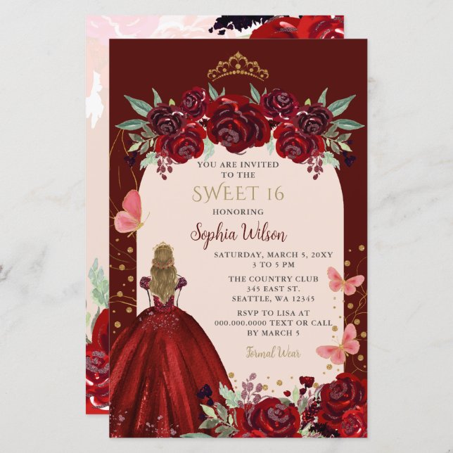 Budget Burgundy Gold Floral Princess Sweet 16 (Front/Back)
