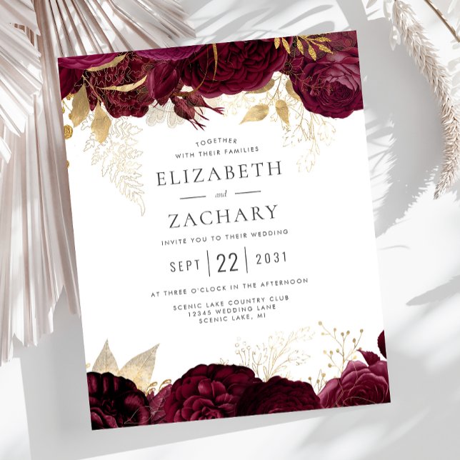 Budget Burgundy Gold Floral Wedding Invitation (Creator Uploaded)