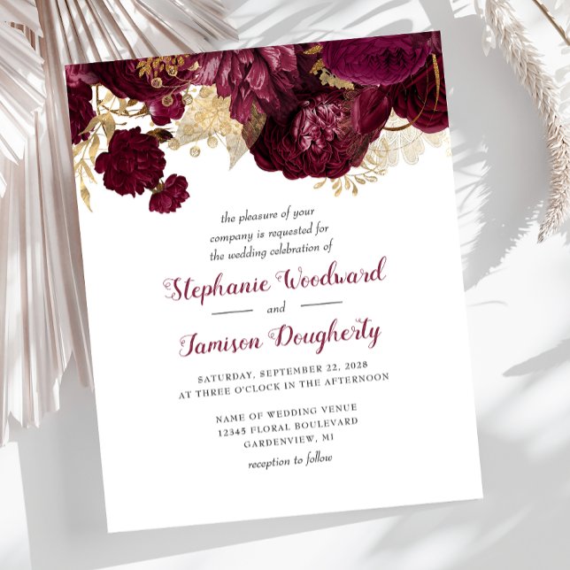 Budget Burgundy Gold Floral Wedding Invitation (Creator Uploaded)
