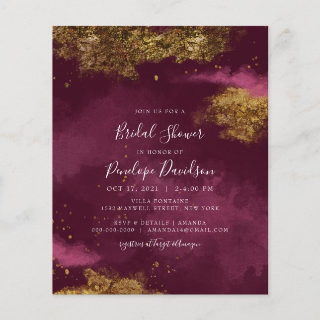 Budget Burgundy Gold Foil Bridal Shower Invitation (Front)