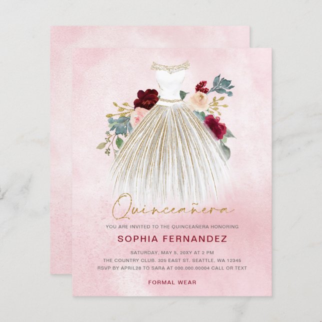 Budget Burgundy gold glitter Dress Quinceañera  (Front/Back)