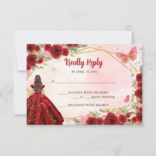Budget Burgundy Gold Glitter Floral Princess RSVP Card (Front)