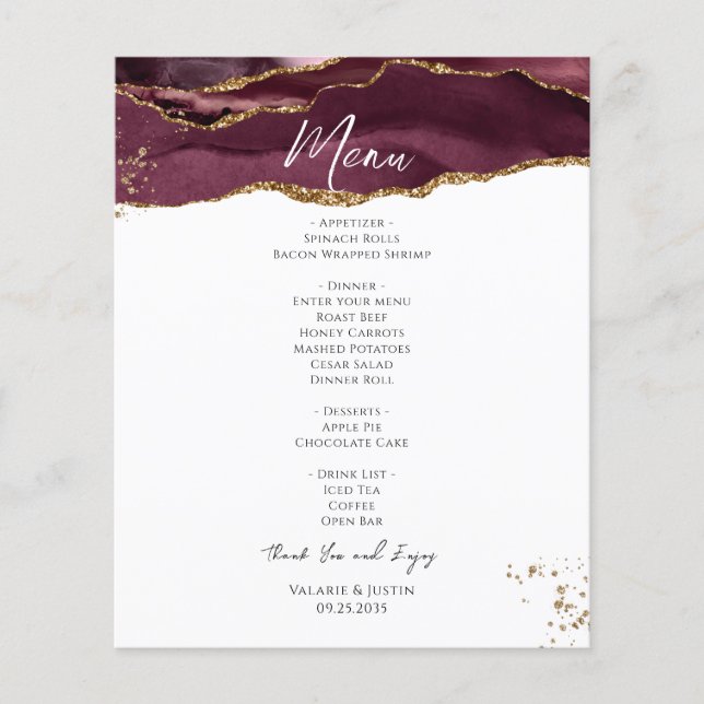 Budget Burgundy Gold Glitter Marble Wedding Menu (Front)