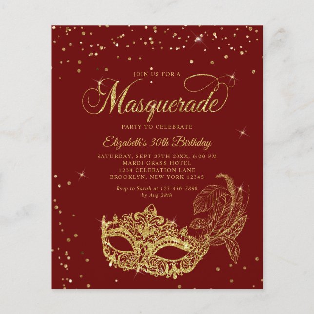 BUDGET Burgundy Gold Glitter Masquerade Birthday (Front)