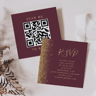 Budget Burgundy Gold Glitter Wedding QR Code RSVP Enclosure Card
