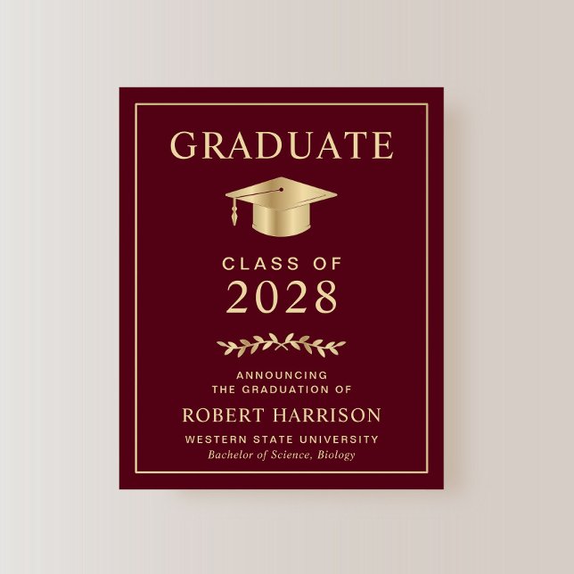 Budget Burgundy Gold Graduation Announcement (An elegant college graduation announcement to celebrate the graduate's achievements)