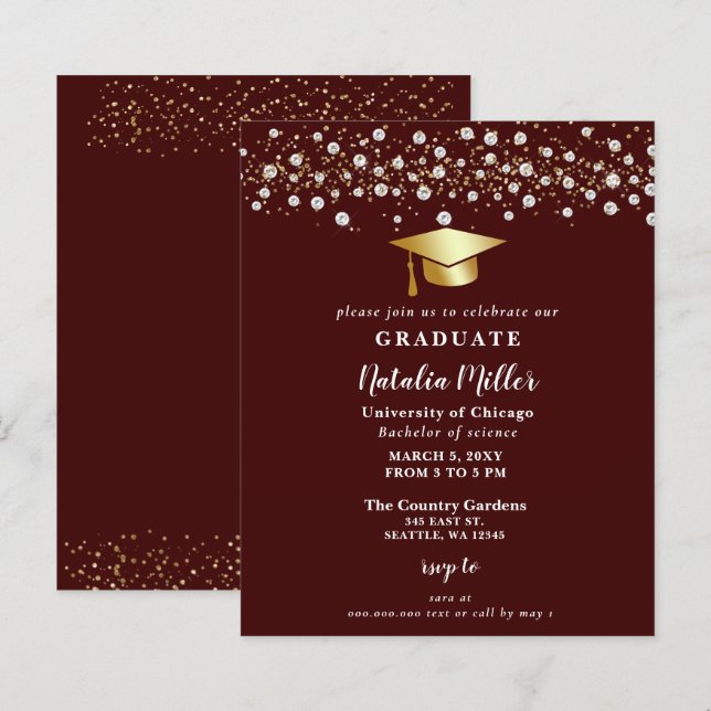 Budget Burgundy Gold Hat Graduation Invitation (Front/Back)