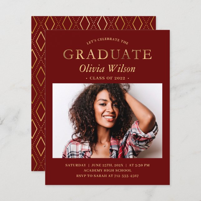 Budget Burgundy Gold Photo Graduation Celebration (Front/Back)