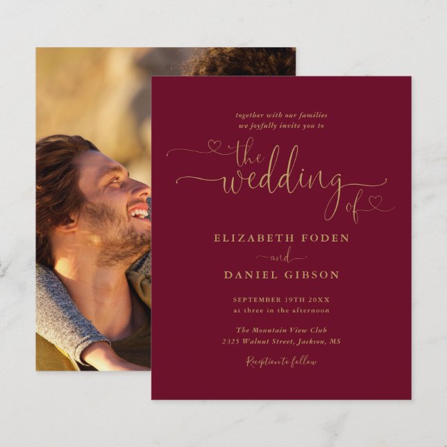 Budget Burgundy Gold Script Photo Wedding Invite (Front/Back)