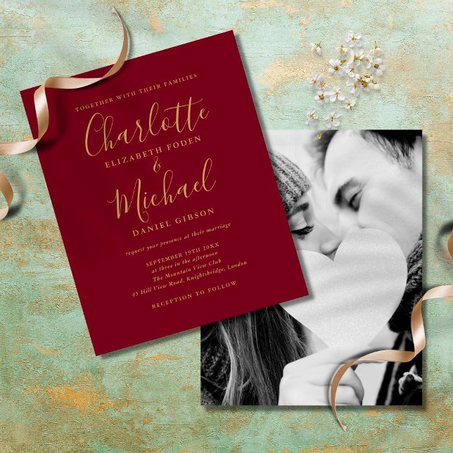 Budget Burgundy Gold Script Photo Wedding Invite (Creator Uploaded)