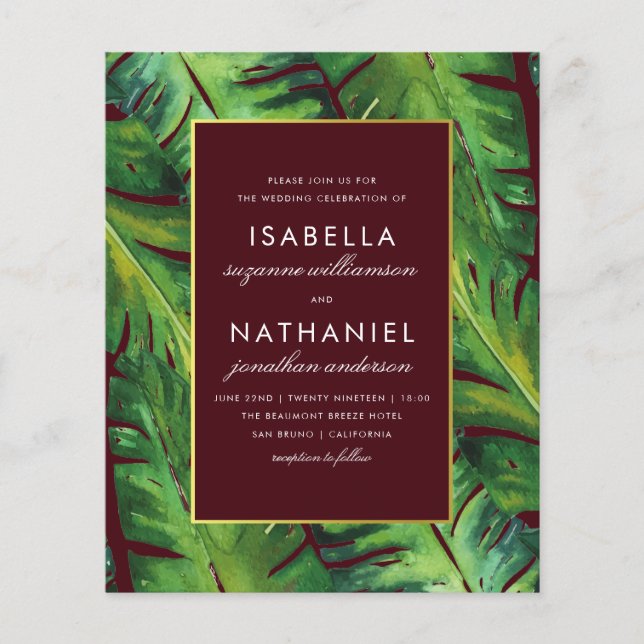 Budget Burgundy & Green Tropical Leaves Wedding (Front)