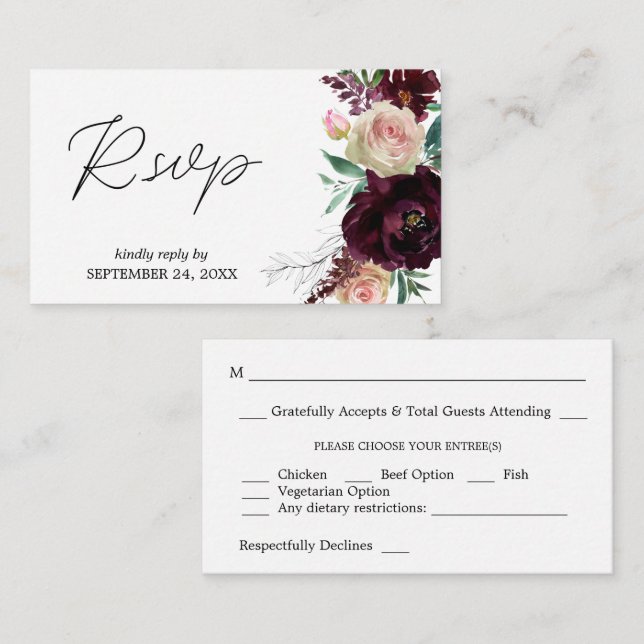Budget Burgundy & Light Pink Floral 2SMb Meal RSVP Enclosure Card (Front/Back)