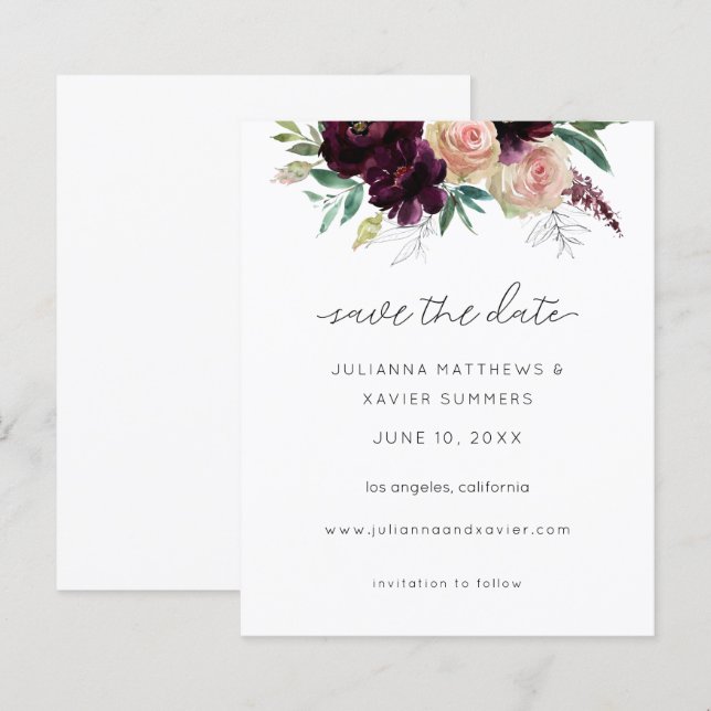 Budget Burgundy & Light Pink Floral Save the Date (Front/Back)