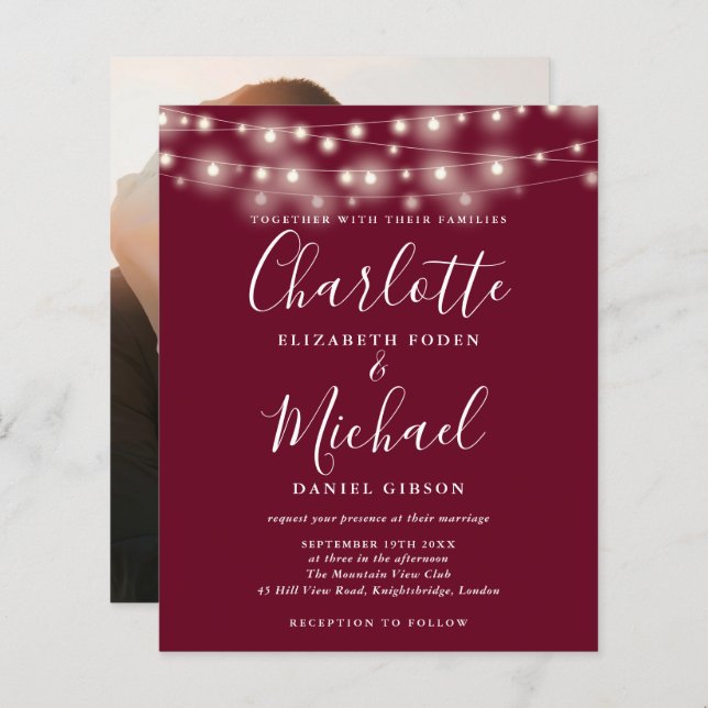 Budget Burgundy Lights Photo Wedding Invitation (Front/Back)