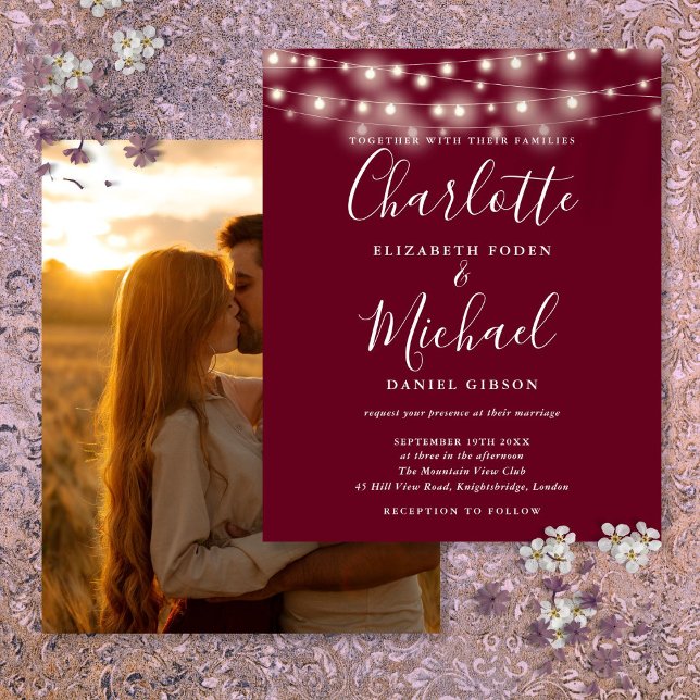 Budget Burgundy Lights Photo Wedding Invitation (Budget Burgundy Lights Photo Wedding Invitation)