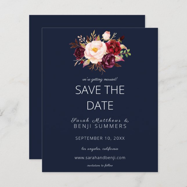 Budget Burgundy Marsa Floral Save the Date - Blue (Front/Back)
