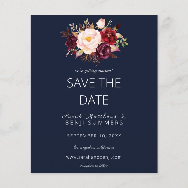 Budget Burgundy Marsa Floral Save the Date - Blue Flyer (Front)