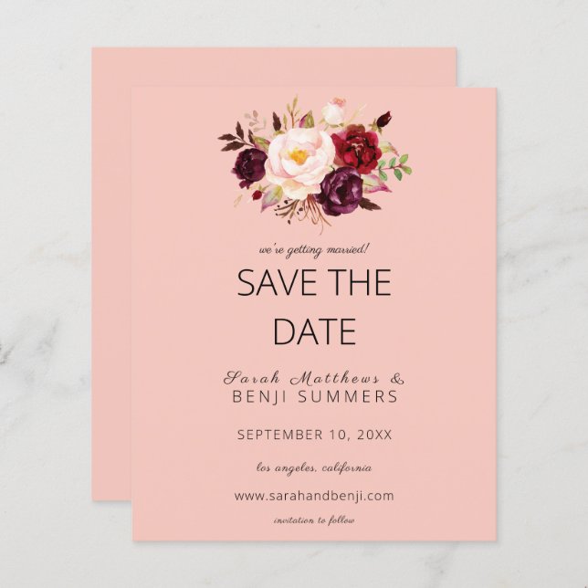 Budget Burgundy Marsa Floral Save the Date-Pink 2 (Front/Back)
