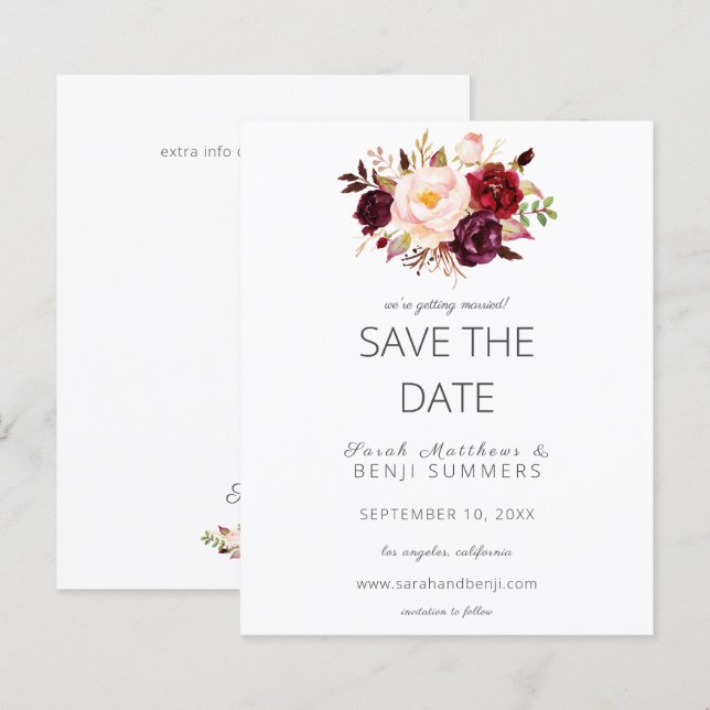 Budget Burgundy Marsa Floral Save the Date- White (Front/Back)