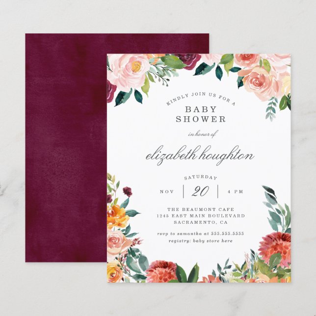 Budget Burgundy Marsala Blush Floral Baby Shower (Front/Back)