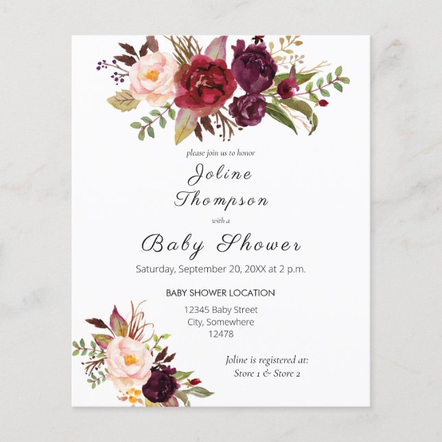 Budget Burgundy Marsala Floral Baby Shower (Front)