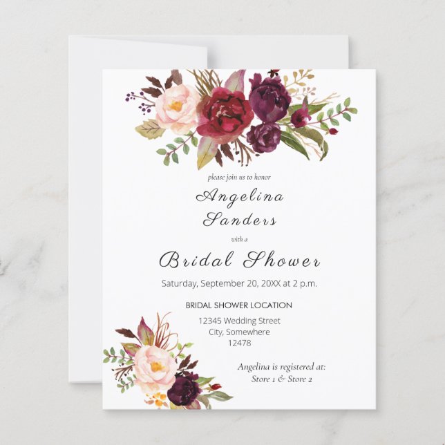 Budget Burgundy Marsala Floral Bridal Shower (Front)