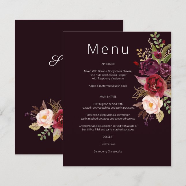 Budget Burgundy Marsala & Pink Floral Menu- Burg 2 (Front/Back)