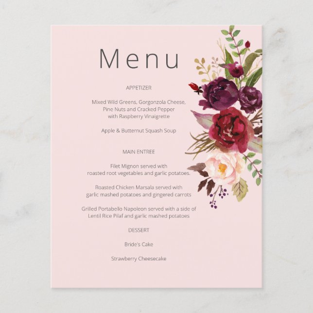 Budget Burgundy Marsala & Pink Floral Menu- Pink 1 Flyer (Front)