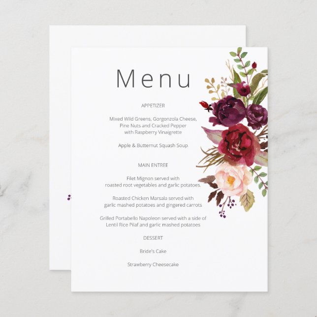 Budget Burgundy Marsala & Pink Floral Menu- White (Front/Back)