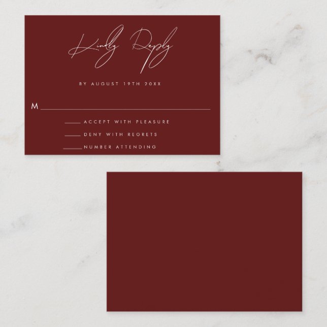 BUDGET Burgundy Minimalist Wedding RSVP Card (Front/Back)