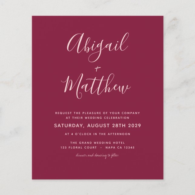 Budget Burgundy Modern Simple Wedding Invitation   Flyer (Front)