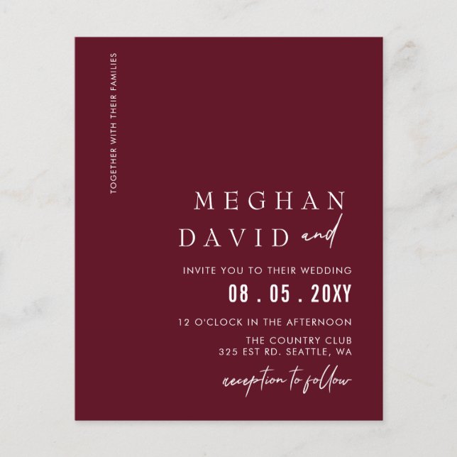 Budget Burgundy Modern Wedding Invitation (Front)
