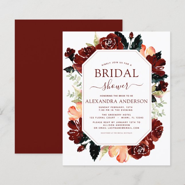 Budget Burgundy Navy Blue Bridal Shower Floral (Front/Back)