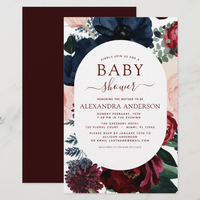 Budget Burgundy Navy Blue Floral Baby Shower (Front/Back)