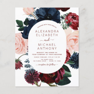 Budget Burgundy Navy Blue Floral Wedding Flyer
