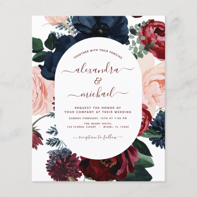 Budget Burgundy Navy Blue Floral Wedding Flyer (Front)